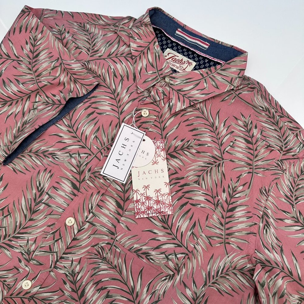Jachs NY Men's Stretch Short Sleeve Palm Leaf Tropical Print Shirt,‎ Size L, Red